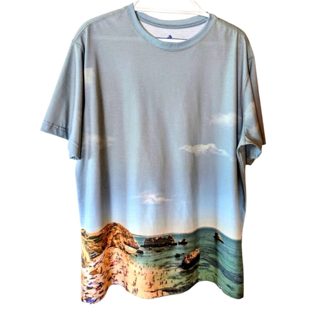 Caribbean Blue Short Sleeve Tee with Scenic Beach Wraparound Design Sz XL